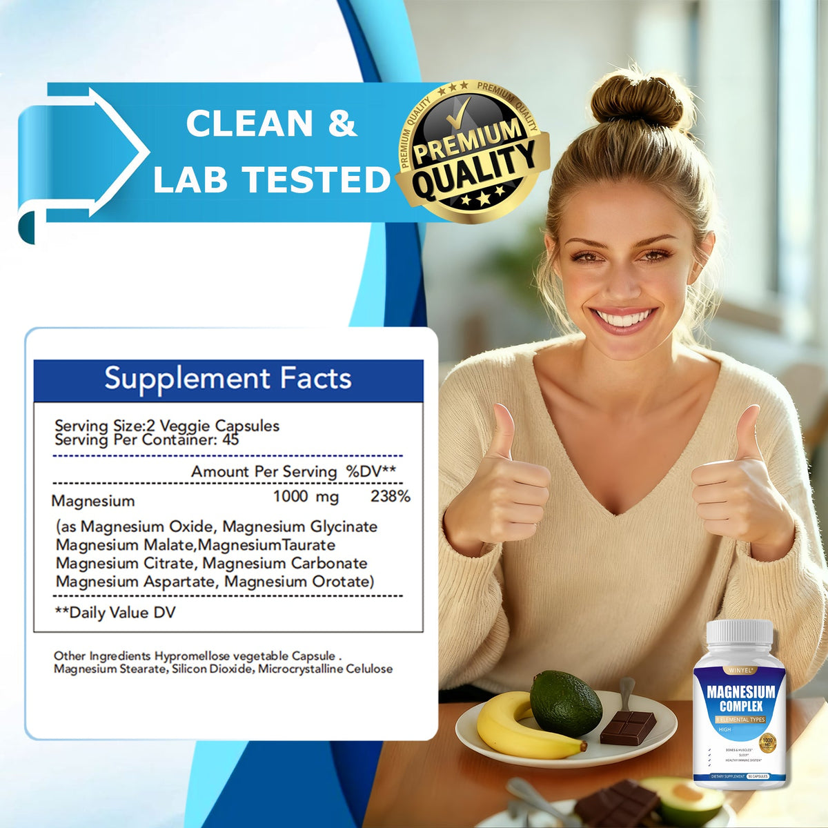 MAGNESIUM COMPLEX Wellness Capsules With Malate & Glycinate And 8 ELEMENTAL MAGNESIUM, Supports Health 90 Capsules, Dietary Supplement.