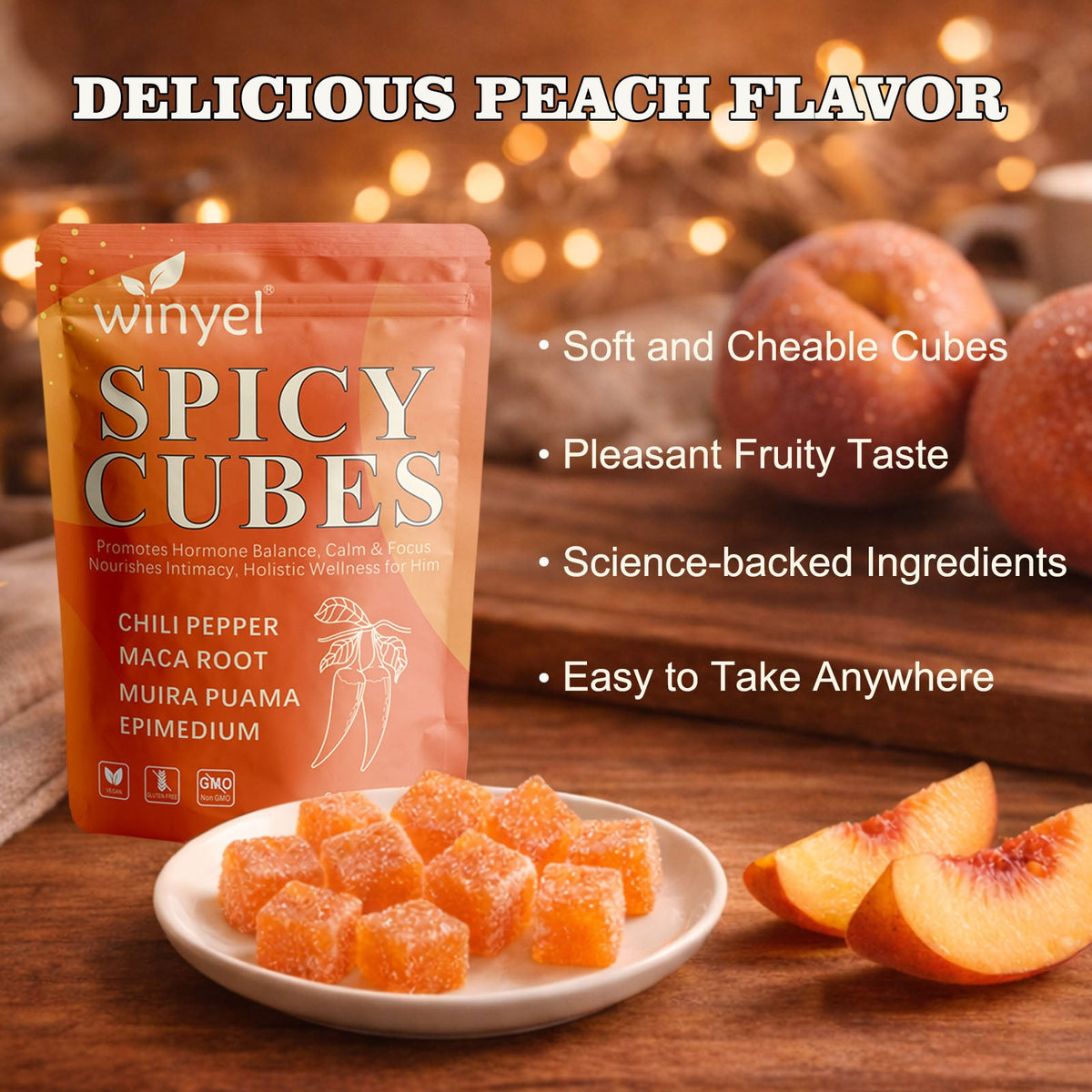 Spicy Cubes, Intimacy Gummies With Chili Pepper, Muira Puama, Maca Root, Epimedium, Helps Promote Hormone Balance, Calmness And Intimacy Wellness, Peach Flavor, 30 Gummies